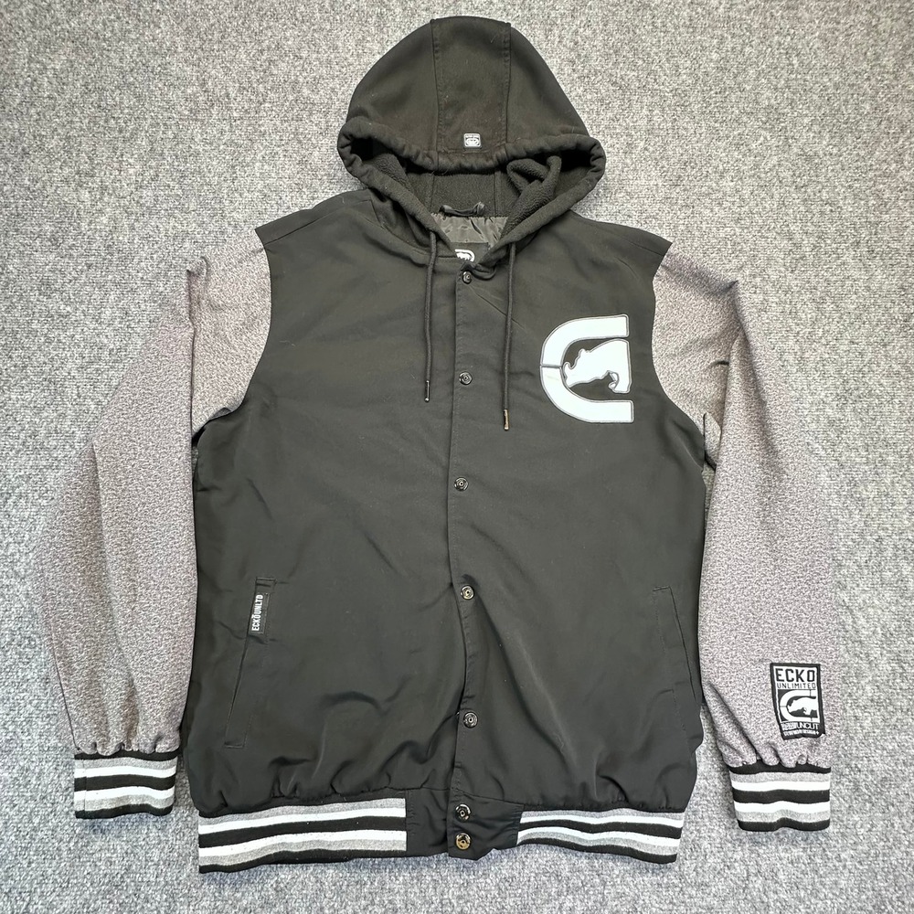 Ecko Unltd Men's Hooded Varsity Jacket Black Grey Patch Logo Full Button‎ Size L